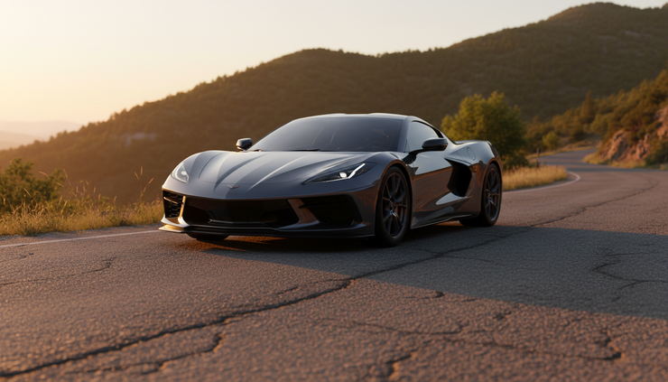 Low-angle view of a modern mid-engine sports car on a quiet road at sunset