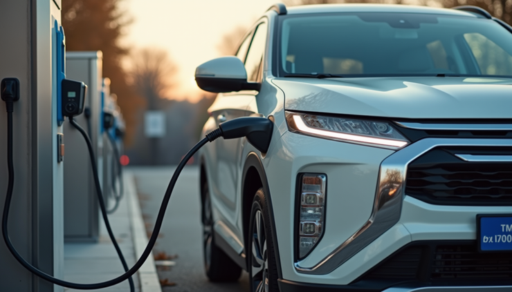 Close-up view of Mitsubishi Outlander PHEV charging at an electric vehicle station
