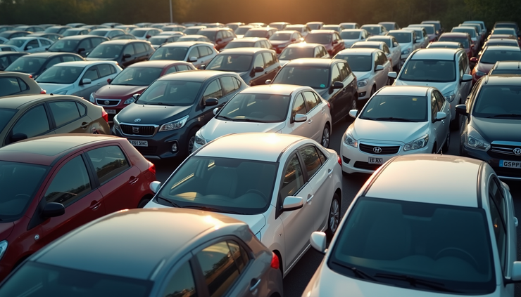 High angle view of a used car lot with various affordable sedans and hatchbacks