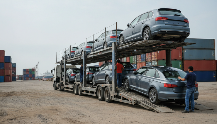 Low-angle view of new vehicles being loaded onto a transport truck near a port road