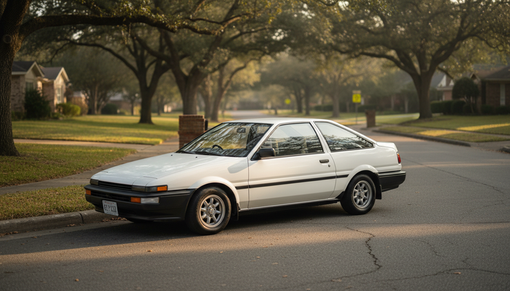 Eye-level view of an older Toyota Corolla parked beside a quiet suburban street