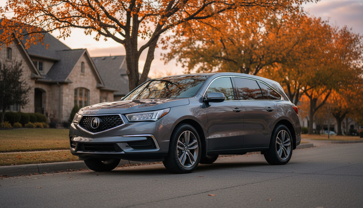 Three-quarter view of an Acura MDX parked near a tree-lined road