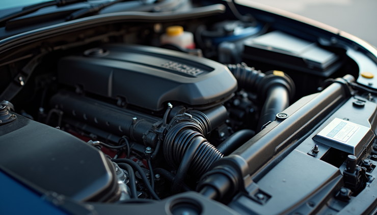 High angle view of a car engine bay showing cooling system components