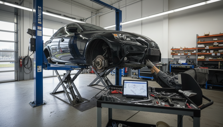 Wide-angle view of a mechanic inspecting the front suspension of a Lexus sedan on a lift.