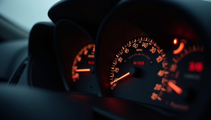 Close-up view of a car dashboard showing a low fuel warning light