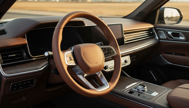 Close-up view of a clean leather steering wheel inside a premium SUV.