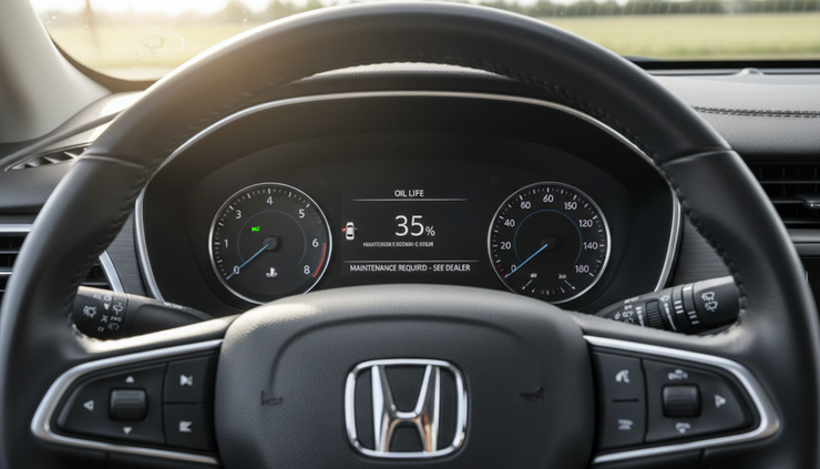 Close-up view of an instrument cluster showing an oil life message