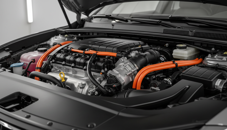 Close-up view of a clean hybrid engine bay with visible cables and mechanical components.