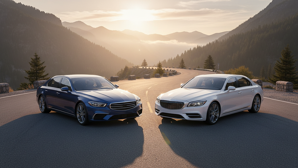 Wide-angle view of two unbadged luxury sedans parked on a quiet mountain road.