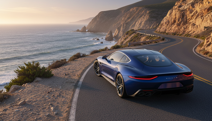 Low-angle view of a sports coupe parked on a quiet coastal road.