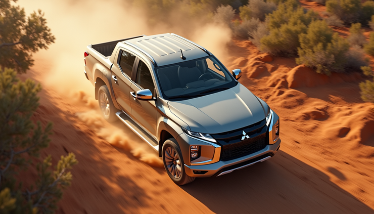 High angle view of a Mitsubishi Triton pickup truck driving off-road