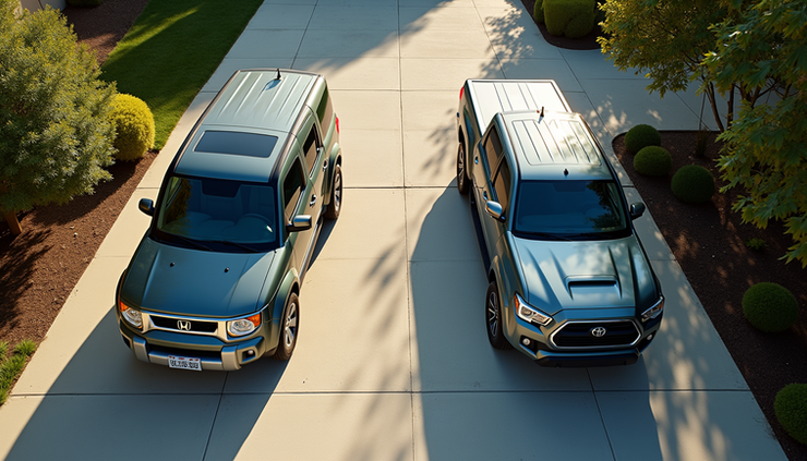 High angle view of a driveway with a Honda Element and a Toyota Tacoma parked side by side