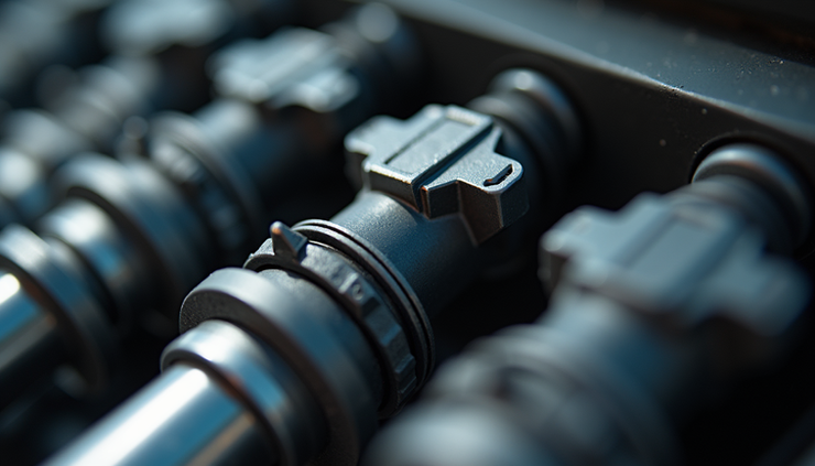 Close-up view of a gasoline engine fuel injector system