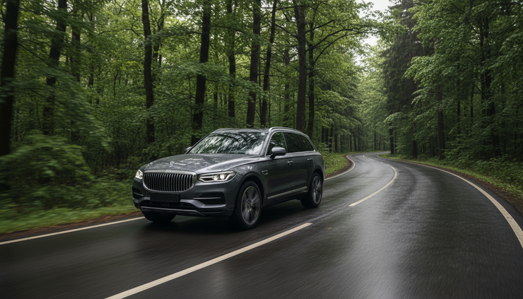Eye-level view of an unbadged luxury SUV driving through a forest road curve.