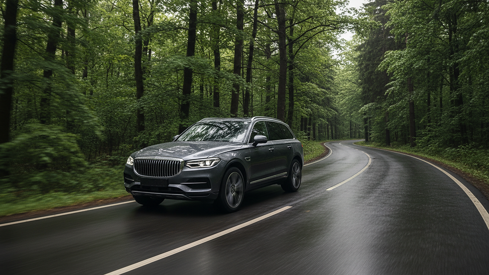 Eye-level view of an unbadged luxury SUV driving through a forest road curve.