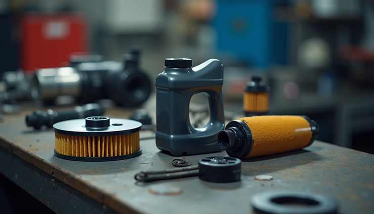 High angle view of a clean transmission fluid container and filter parts