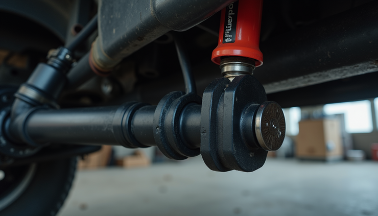 Eye-level view of a vehicle’s drive shaft with visible U-joint