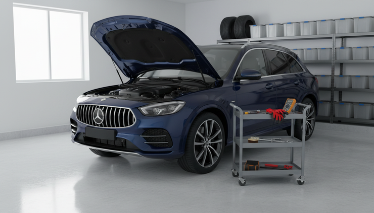 Wide-angle view of a home garage with a luxury SUV parked beside basic battery tools.