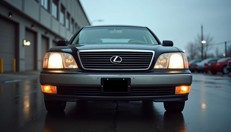 Eye-level view of Lexus LS400 front grille and headlights