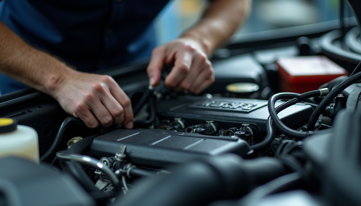 Eye-level view of a mechanic working on a compact modern car engine