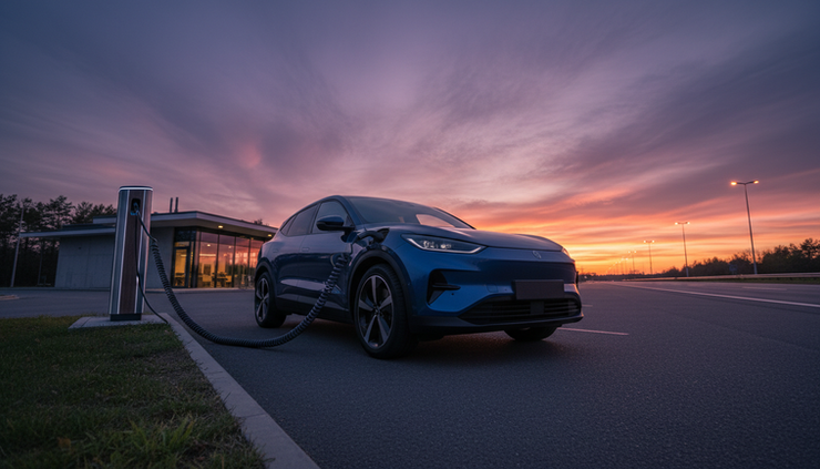 Low-angle view of an electric vehicle charging beside a highway rest stop