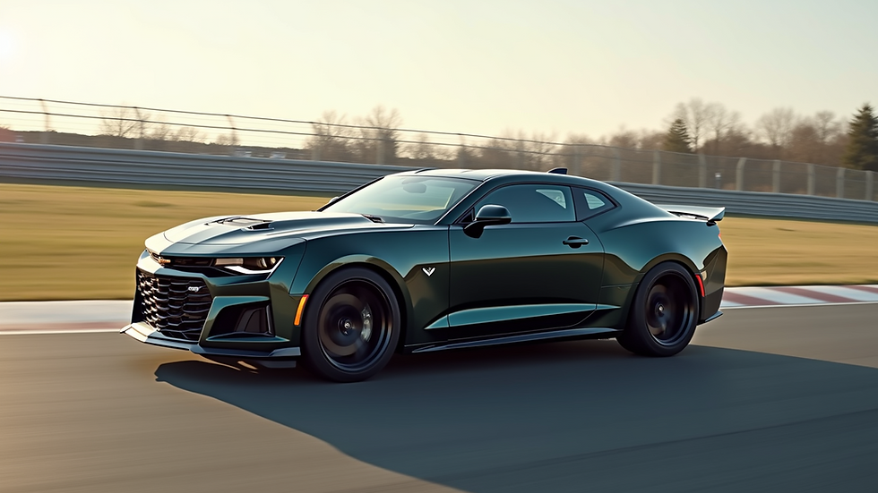 High angle view of a modern Chevy Camaro on a racetrack