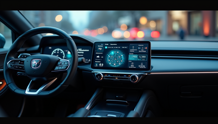 Eye-level view of a sleek autonomous car dashboard with AI interface