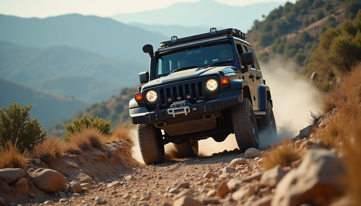 Eye-level view of a rugged SUV driving on a rocky trail with 4-wheel drive engaged