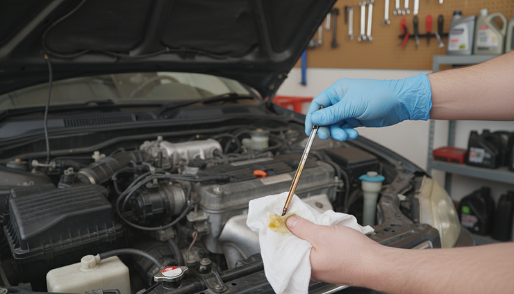 Close-up view of a mechanic checking oil in a used compact car
