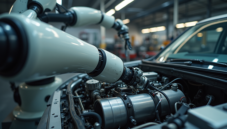 Eye-level view of a robotic arm repairing a car engine in a workshop