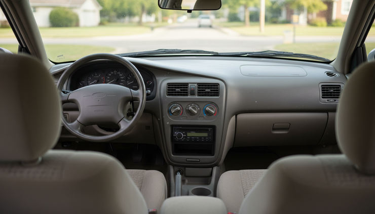 Wide-angle view of a mid-2000s car dashboard with physical buttons and a simple radio