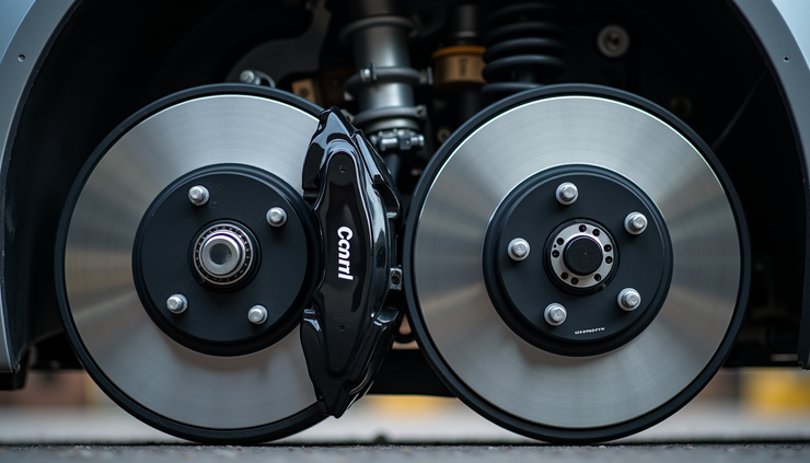 Eye-level view of a car's brake disc and drum comparison side by side