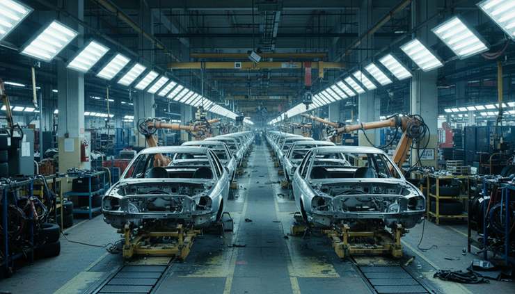 Wide-angle view of an auto assembly line with unfinished vehicles.