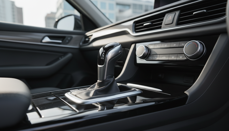 Low-angle view of an automatic gear selector inside a modern car cabin