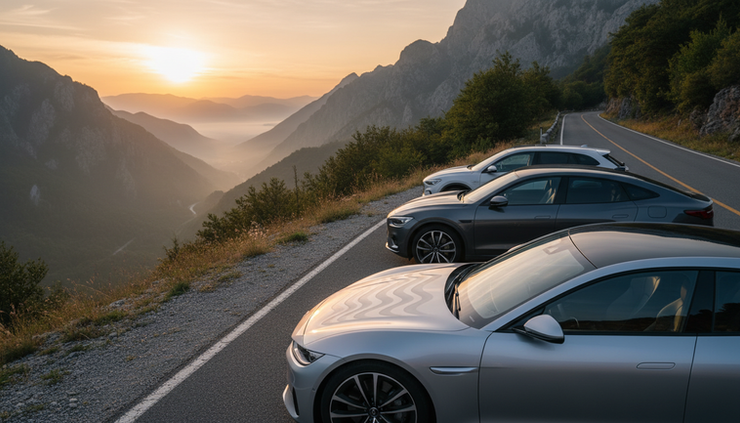 Wide-angle view of several modern cars parked on a mountain road at sunrise.