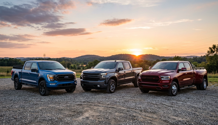 Wide-angle view of three unbadged American pickup trucks parked on a gravel lot.