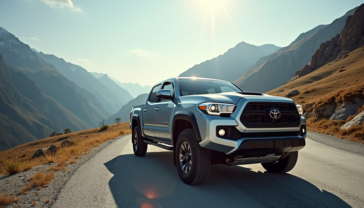 Eye-level view of a silver Toyota Tacoma pickup truck parked on a mountain road