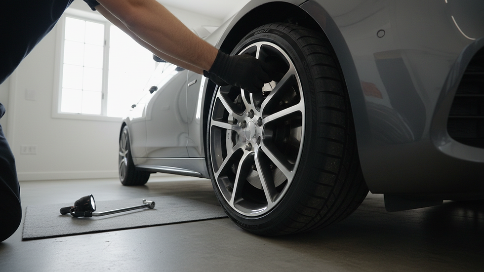 Low-angle view of a mechanic inspecting the wheel and suspension of an unbadged luxury sedan.