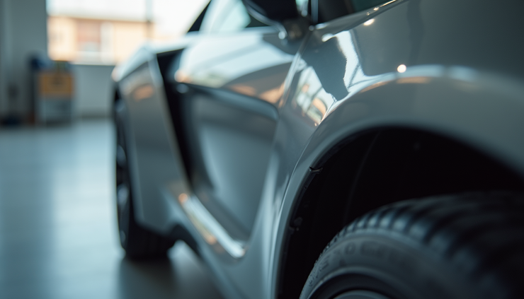 Close-up view of a modern car's aluminum body panel and frame