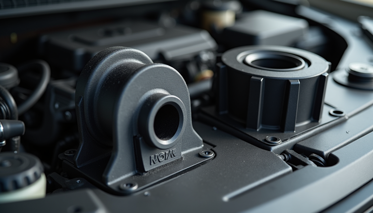 Eye-level view of a Mopar engine mount next to an aftermarket engine mount for comparison