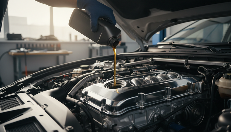 Eye-level view of a mechanic pouring fresh motor oil into an engine bay