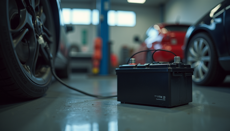 Eye-level view of a battery charger connected to a car battery in a garage