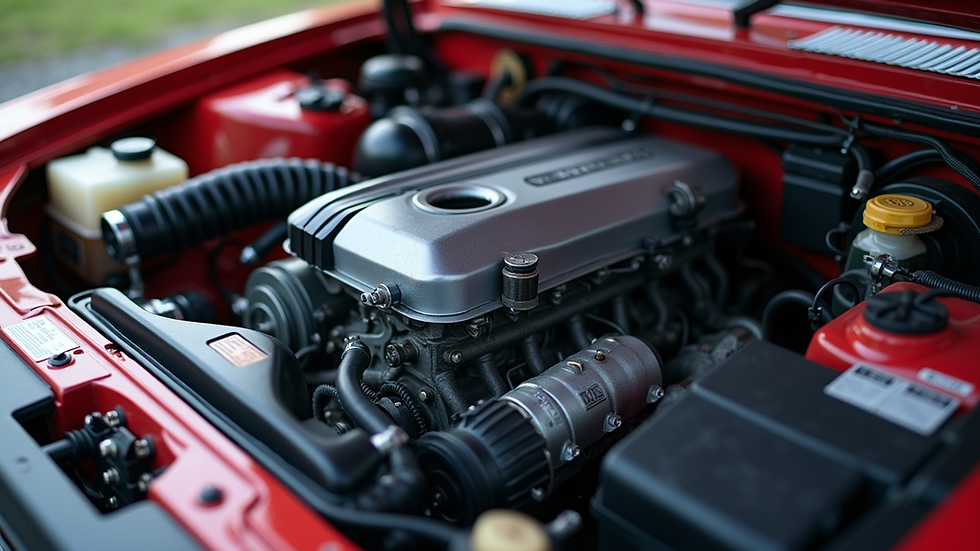 Eye-level view of a modern inline 4-cylinder engine in a compact car engine bay