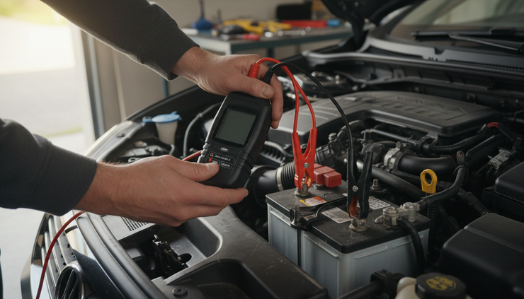 Close-up view of a car battery tester connected to a 12-volt battery.