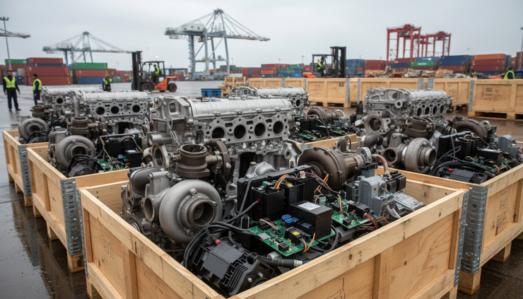 Close-up view of auto parts packed in shipping crates near a freight port.