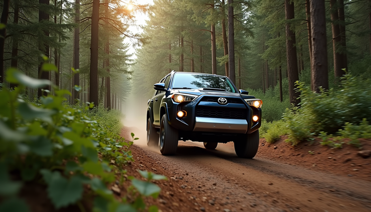 High angle view of Toyota 4Runner driving through forest trail