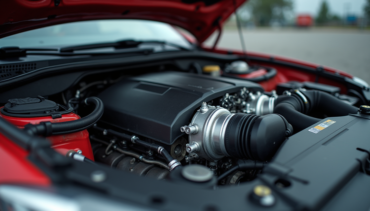 Eye-level view of a car engine bay focusing on transmission housing