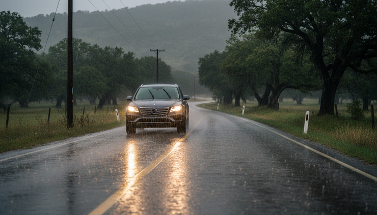 Eye-level view of a luxury SUV driving through heavy rain on a two-lane road