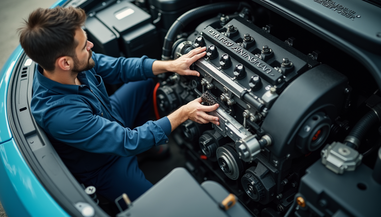 High angle view of a mechanic inspecting a timing chain in a modern car engine