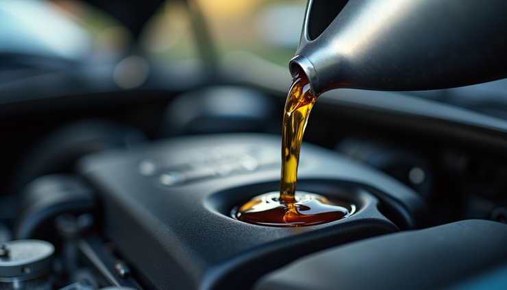 Close-up view of engine oil being poured into a car engine